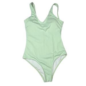 Zaful Sage Green Crinkle Ribbed One Piece Deep Scoop Neck One Piece Swimsuit S